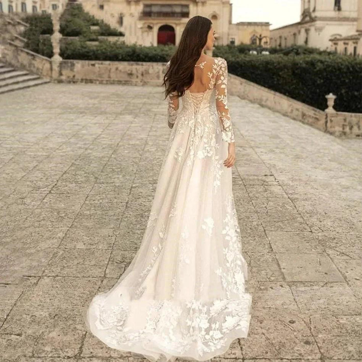 Elegant Round Neck Wedding Dresses 2023 Lace Long Sleeve Decal A-line Fashion Women&