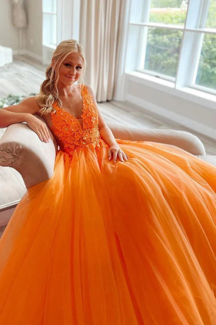 Marigold |A-Line V-Neck Long Tulle Prom Dress with Appliques by KissProm