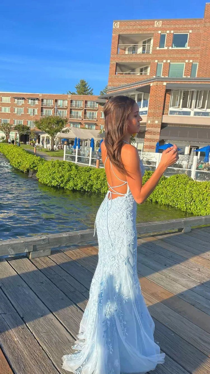 Mermaid Long Baby Blue Lace Prom Dresses Spaghetti Straps Evening Dress Y1733 by simplepromdress