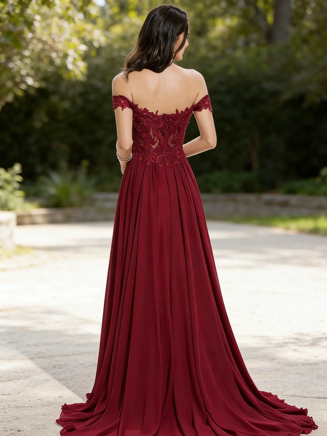 Burgundy Off-the-Shoulder Lace Evening Gown with Train by ZAPDRESS