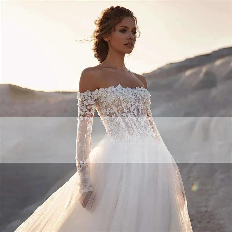 Elegant A-Line Wedding Dress 2023 Women Lace Open Back Strapless Long Detachable Sleeve Bridal Gown Sweep Train Vestido De Noiva by payinti