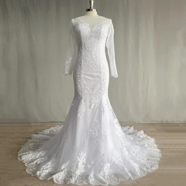 Gorgeous Lace Long Sleeve Mermaid Wedding Dresses Tulle Bridal Gown For Women Cathedral Train V-Neck Appliques Button Back by payinti