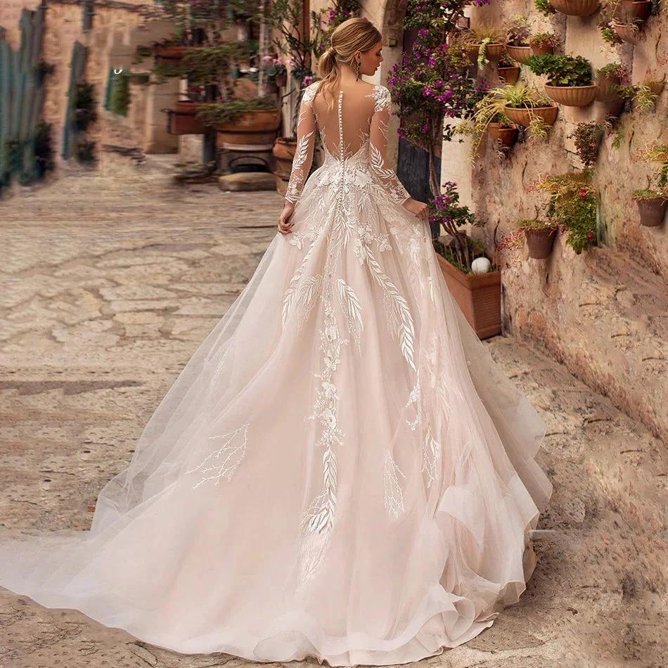 Sexy V-Neck Applique Wedding Dress Lace 2023 Illusion Long Sleeve A-Line Princess Bride Dress Bohemia Vestido De Noiva Women&