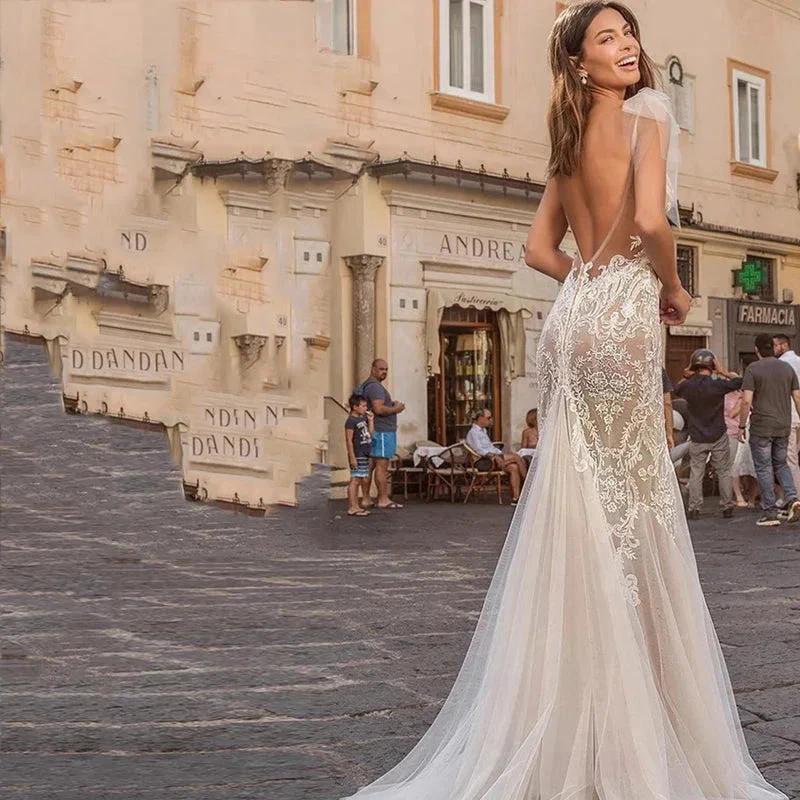 Elegant Scoop Neck Backless Mermaid Wedding Dress Simple Sleeveless Spaghetti Strap Bride Party Romantic Tulle Applique by payinti