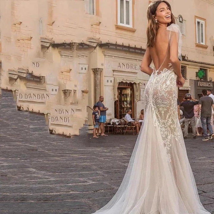 Elegant Scoop Neck Backless Mermaid Wedding Dress Simple Sleeveless Spaghetti Strap Bride Party Romantic Tulle Applique by payinti