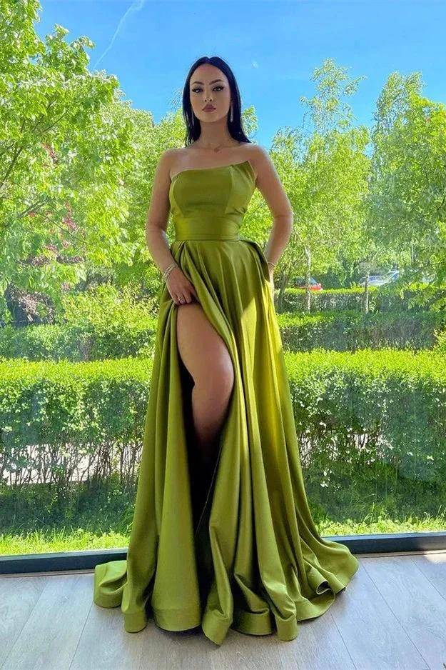Long Strapless A-Line Satin Front Slit Prom Dresses with Pockets by BIZTUNNEL