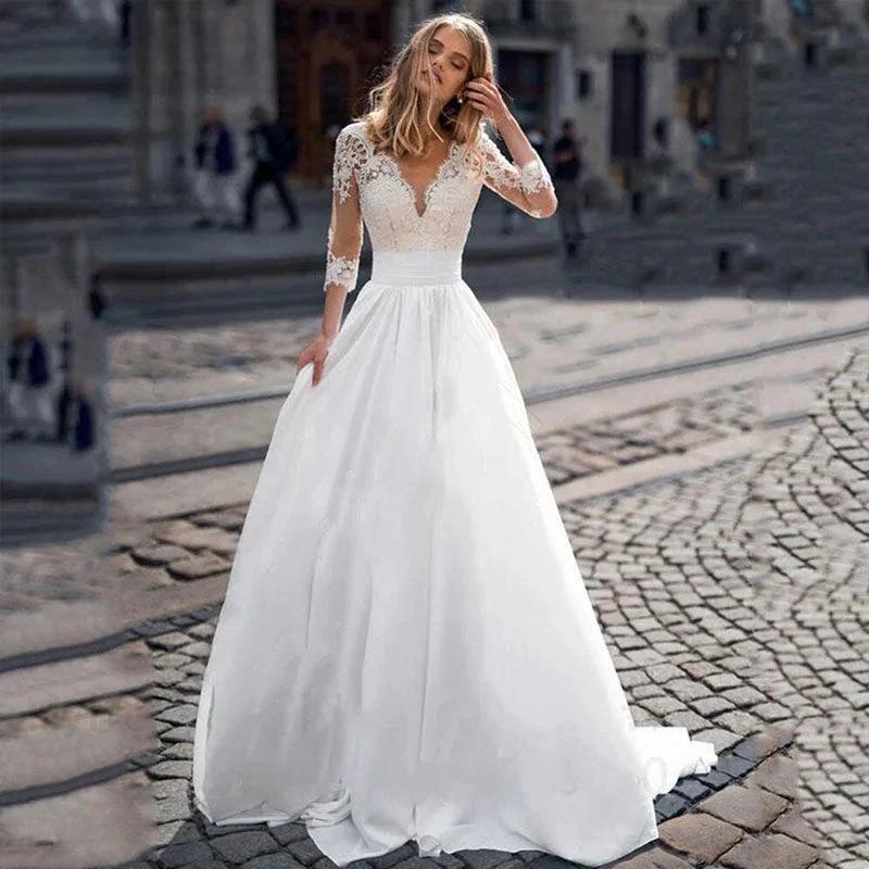 JEHETH Lace Appliques Wedding Dresses For Women Satin Elegant A Line Illusion Back With Button Bride Dress Vestidos de Novia by payinti