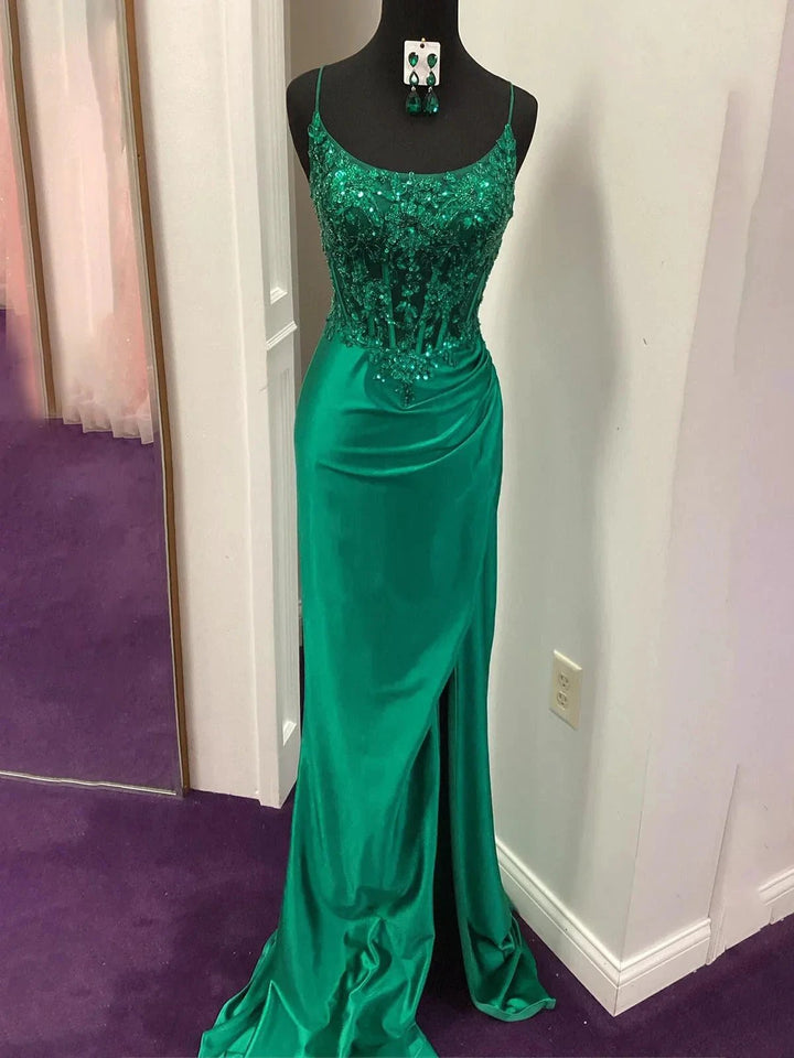 Dallas | Green Sheer Appliques Satin Mermaid Long Prom Dress by KissProm