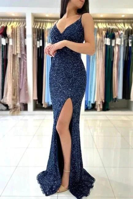 Dark Blue Glitter Long Mermaid Spaghetti Straps V-neck Prom Dresses With Slit by BIZTUNNEL