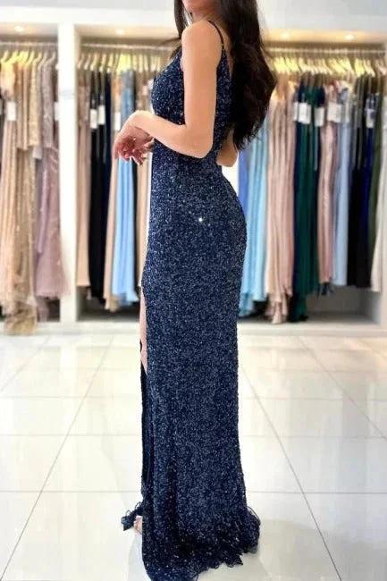 Dark Blue Glitter Long Mermaid Spaghetti Straps V-neck Prom Dresses With Slit by BIZTUNNEL
