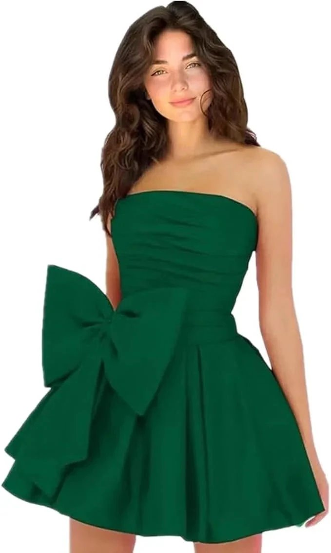 Chic Short Homecoming Dresses A-line Sleeveless Strapless Ruched Lace Up Party Dresses with Bow by Biztunnel