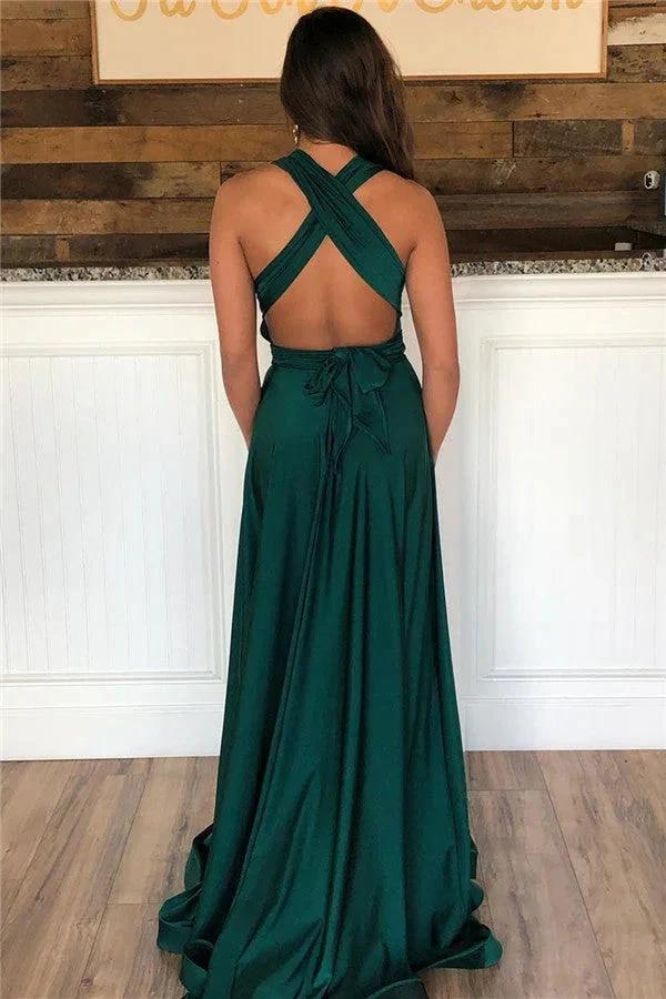 Dark Green Long A-Line Halter Open Back Prom Dress With Slit by BIZTUNNEL