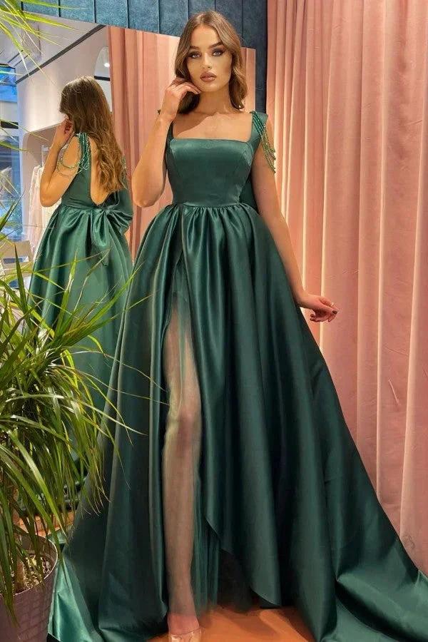 Dark Green Long A-line Satin Front Slit Open Back Prom Dress With Bow by BIZTUNNEL