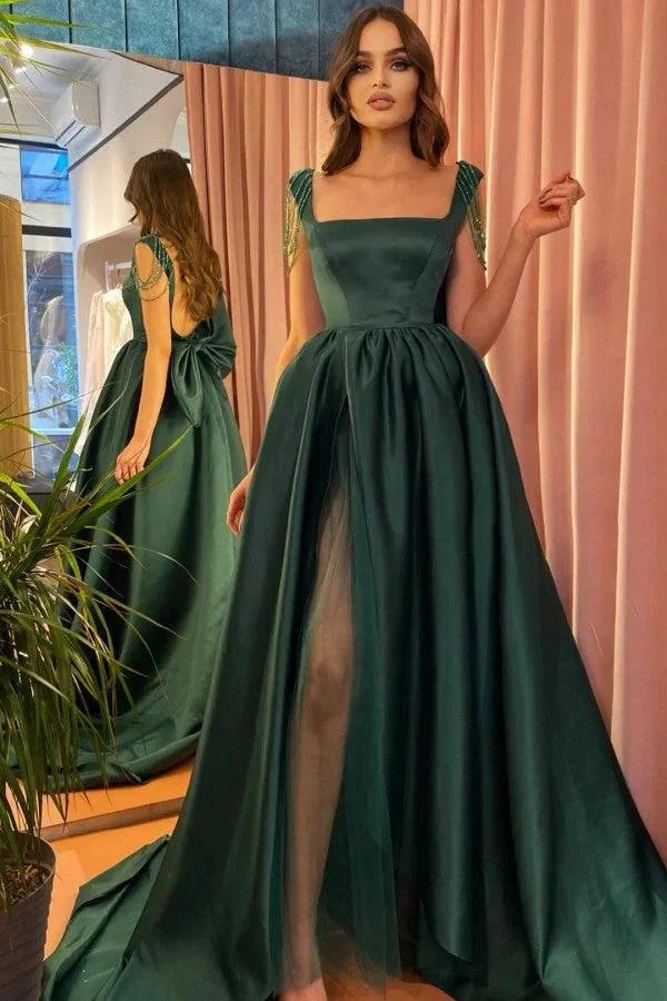 Dark Green Long A-line Satin Front Slit Open Back Prom Dress With Bow by BIZTUNNEL