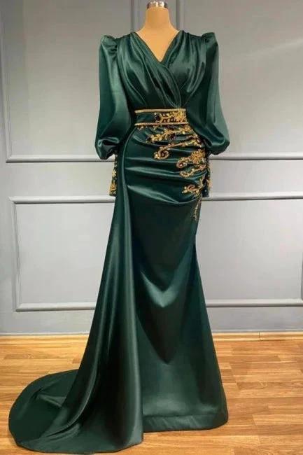 Dark Green Long Evening Dresses | Prom dresses with sleeves by misshow.com