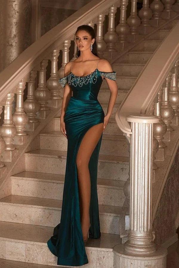Dark Green Long Satin off-the-shoulder Mermaid Prom dress with slit by BIZTUNNEL