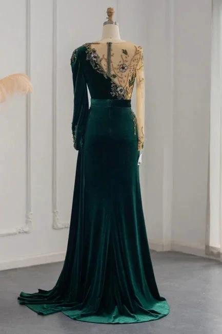 Vestidos de Noite Sereia com Mangas Compridas Verde Escuro e Folhos para Baile de Finalistas