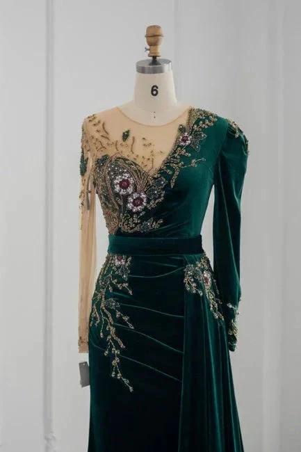 Vestidos de Noite Sereia com Mangas Compridas Verde Escuro e Folhos para Baile de Finalistas