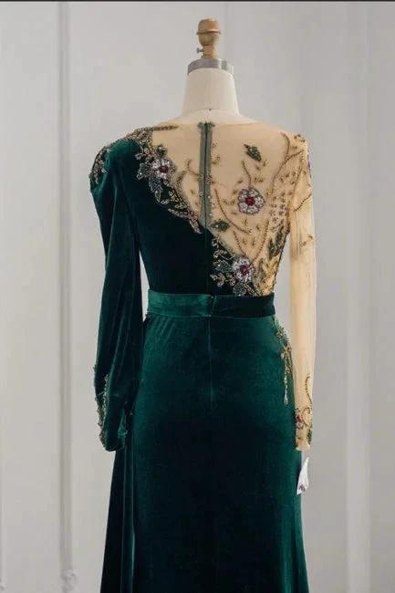 Vestidos de Noite Sereia com Mangas Compridas Verde Escuro e Folhos para Baile de Finalistas