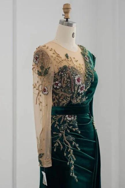 Vestidos de Noite Sereia com Mangas Compridas Verde Escuro e Folhos para Baile de Finalistas