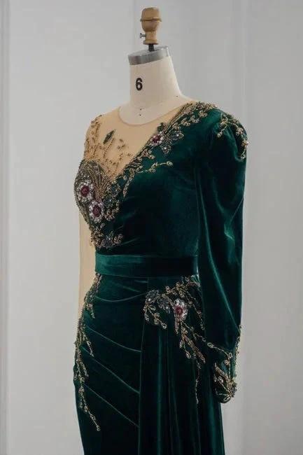 Vestidos de Noite Sereia com Mangas Compridas Verde Escuro e Folhos para Baile de Finalistas