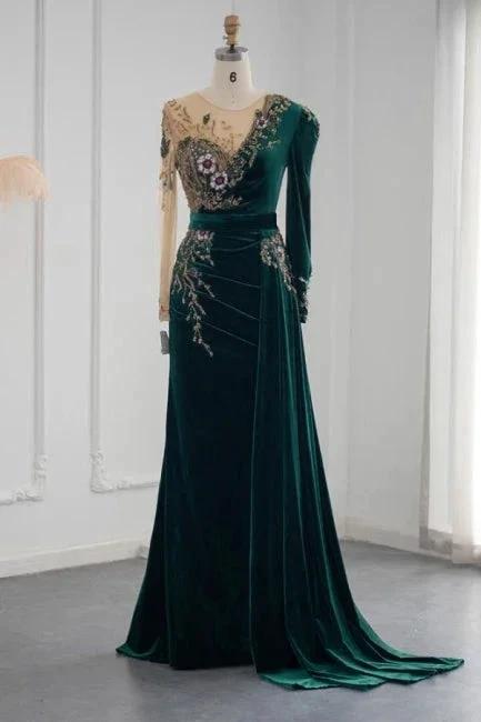 Vestidos de Noite Sereia com Mangas Compridas Verde Escuro e Folhos para Baile de Finalistas