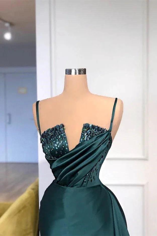 Dark Green Spaghetti-Straps Mermaid Prom Dress Beading Long Party Gowns by misshow.com