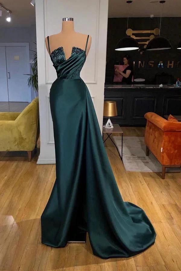 Dark Green Spaghetti-Straps Mermaid Prom Dress Beading Long Party Gowns by misshow.com
