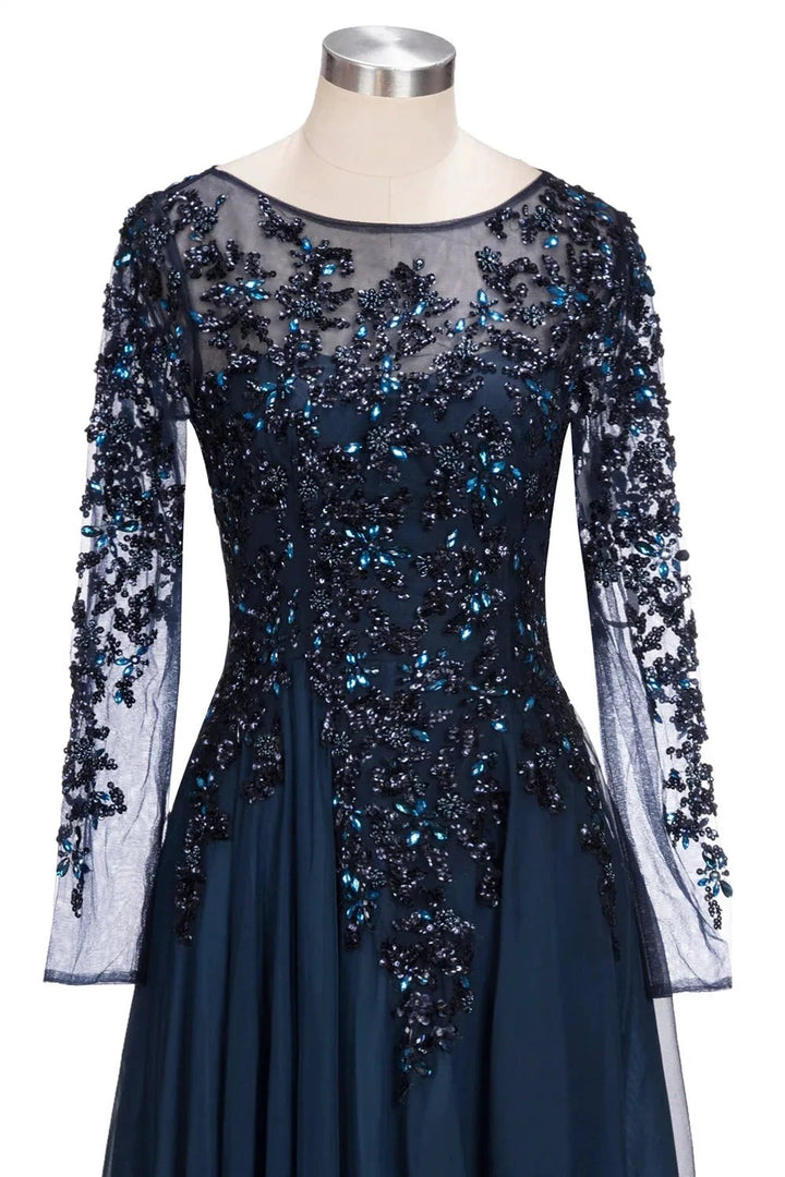 Dark Navy Long A-line Jewel Tulle Formal Evening Dresses with Sleeves by BIZTUNNEL