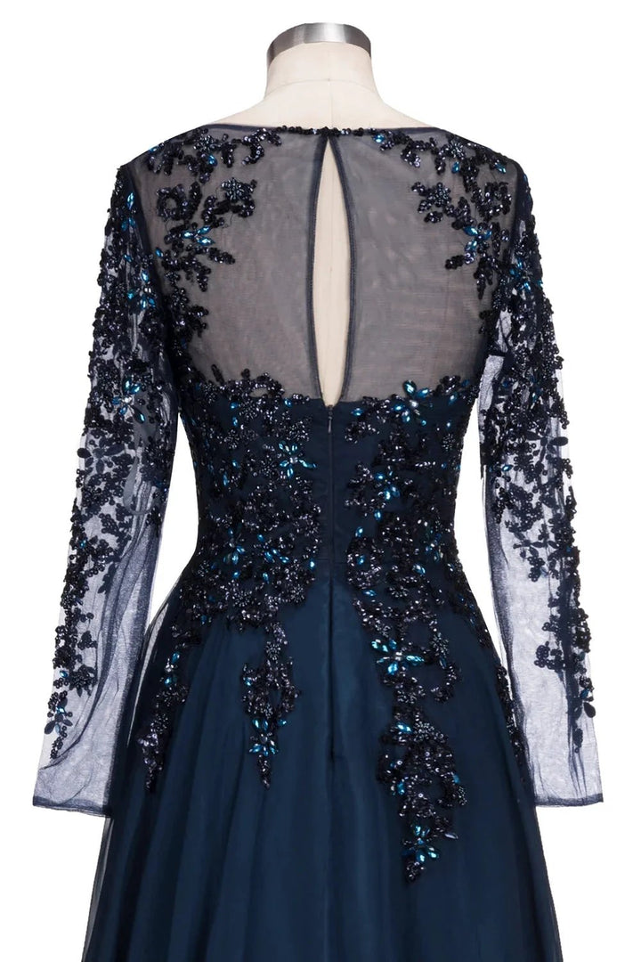 Dark Navy Long A-line Jewel Tulle Formal Evening Dresses with Sleeves by BIZTUNNEL