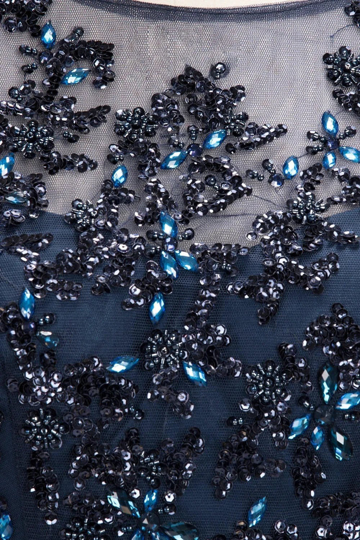 Dark Navy Long A-line Jewel Tulle Formal Evening Dresses with Sleeves by BIZTUNNEL