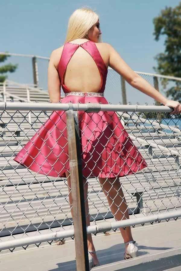 Dark Red Homecoming Dresses with Pocket Open Back Short Prom Dress PD269 by pgmdress