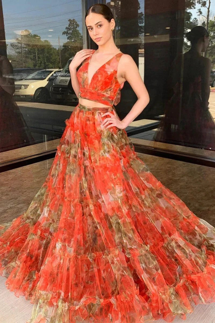 Darla | Orange Two Piece V-Neck Floral Printed Long Prom Dress by KissProm