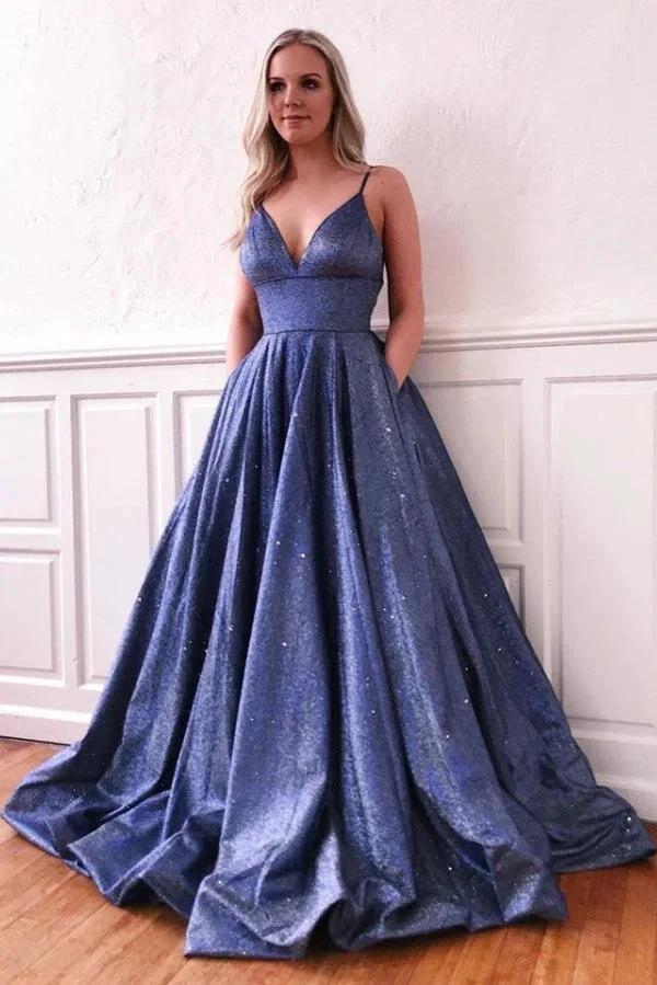 A-line V-neck Sequins Floor Length Evening Dress with Spaghetti Straps by BIZTUNNEL