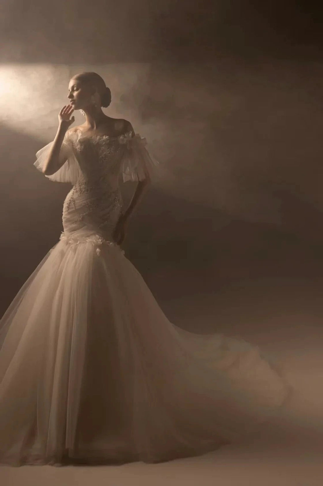 Ethereal Mermaid Off-the-Shoulder Tulle Wedding Dress with Beaded Embroidery &amp; 3D Floral Accents H011 by ZAPDRESS
