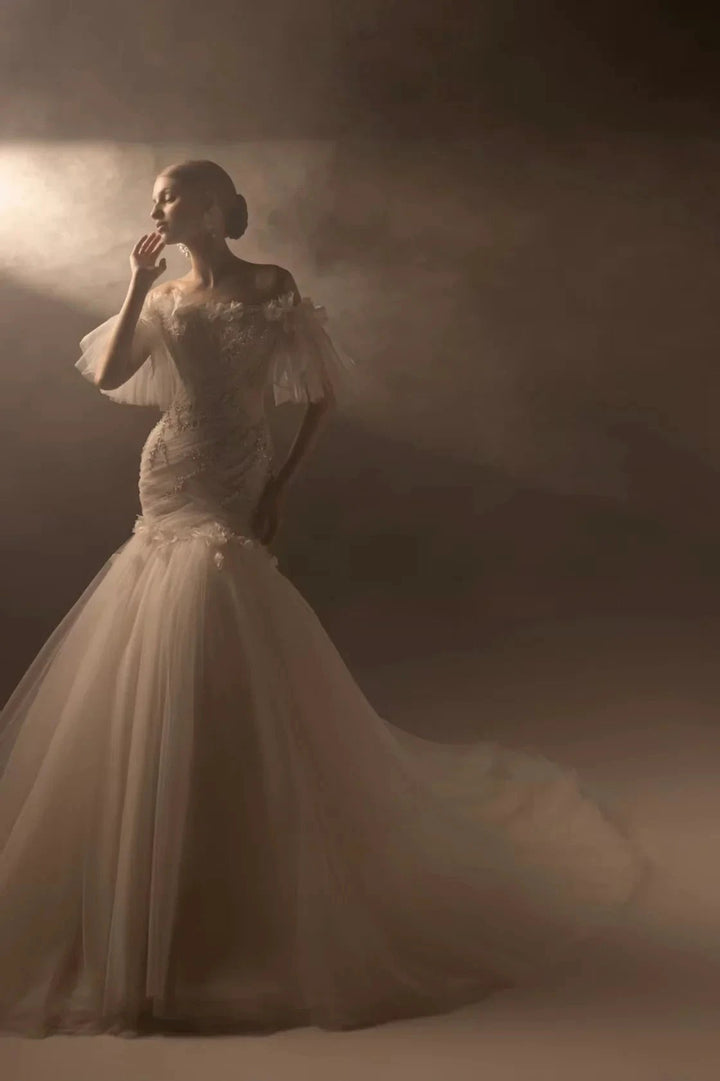 Ethereal Mermaid Off-the-Shoulder Tulle Wedding Dress with Beaded Embroidery &amp; 3D Floral Accents H011 by ZAPDRESS