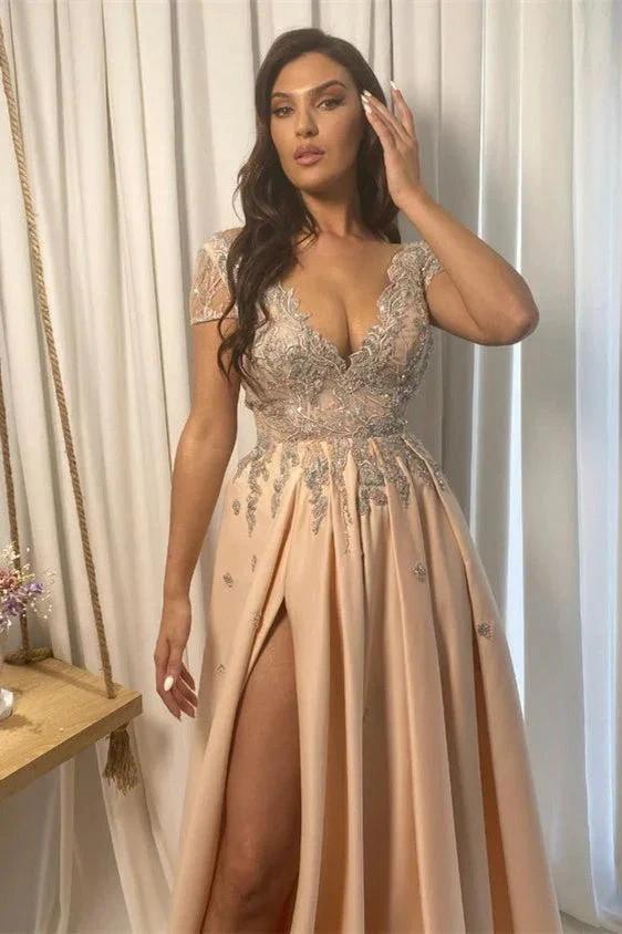 Split Front A-line Off-the-Shoulder Lace V-Neck Applique Prom Dress by BIZTUNNEL