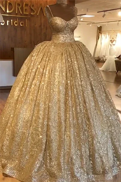 Spaghetti Straps Gold Evening Dress | Luxury Ball Gown Princess Prom Dress S19116 by simplepromdress