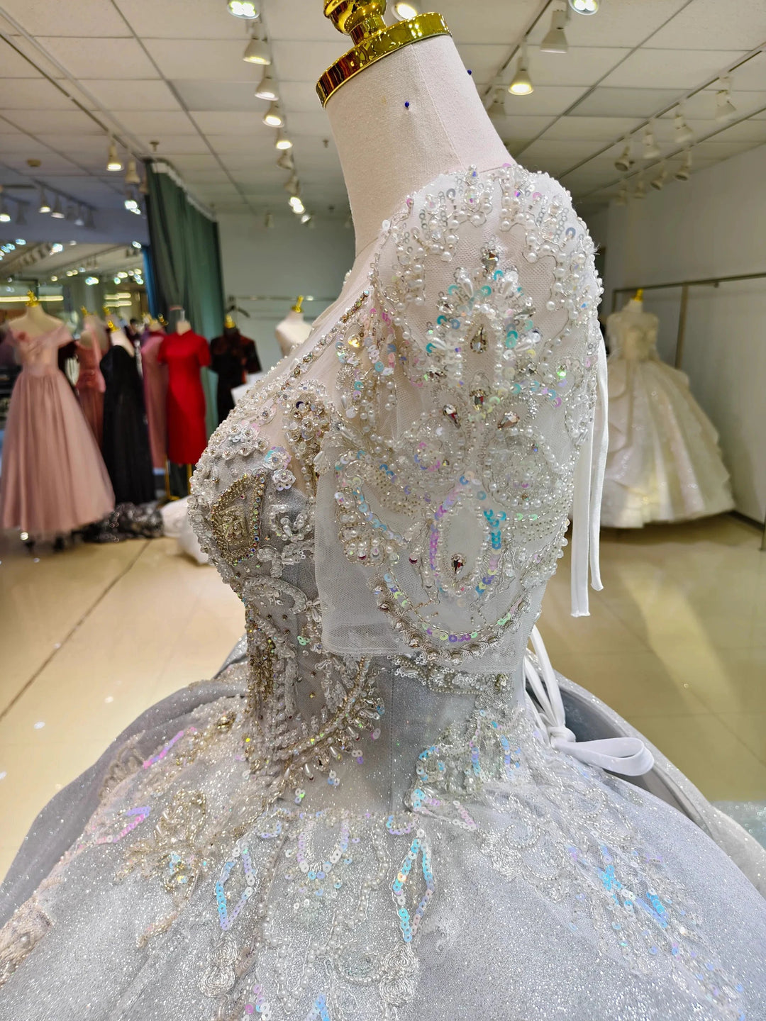 Silver Glimmer V-Neck Ballgown: Crystal-Embroidered Bust &amp; Dramatic Bow Train by ZAPDRESS