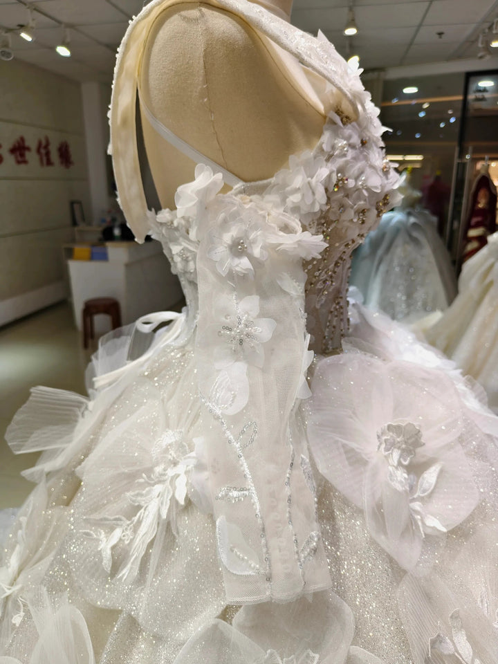 Ivory Petal Whisper Ballgown Organza Floral Bust &amp; Bloom Train by ZAPDRESS