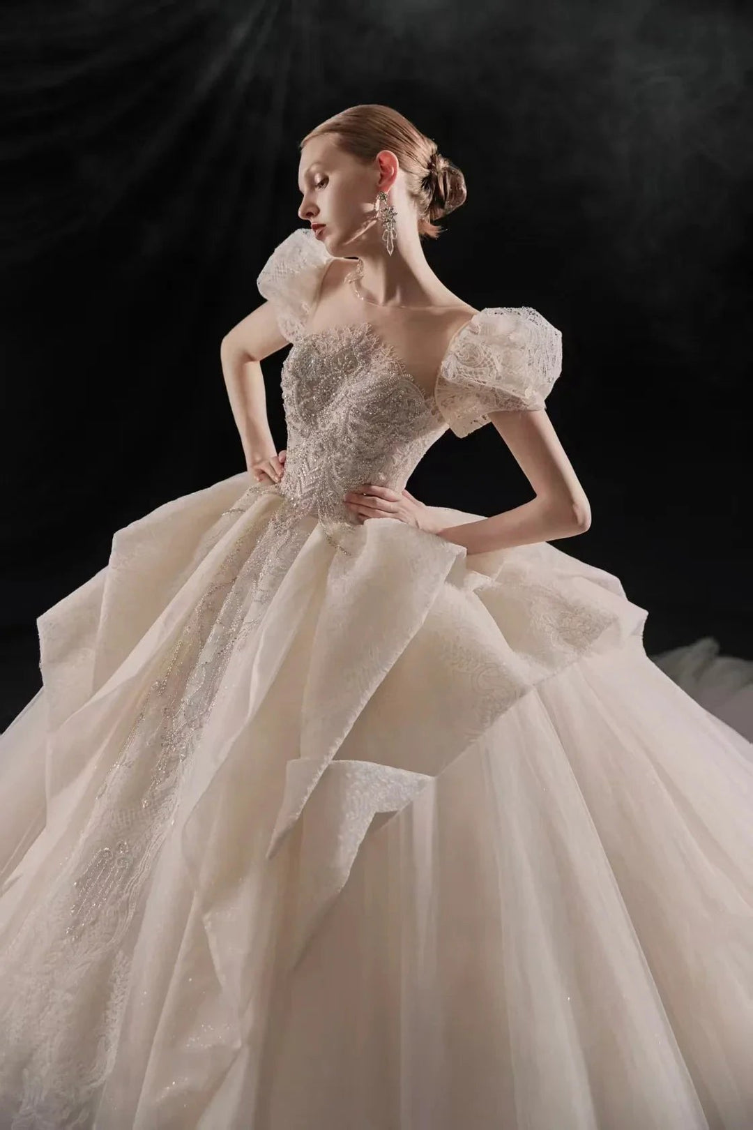 Elegant Sweetheart Ball Gown Lace Puff Sleeve Beaded Embroidery Wedding Dress with Flowing Train E-302 by ZAPDRESS