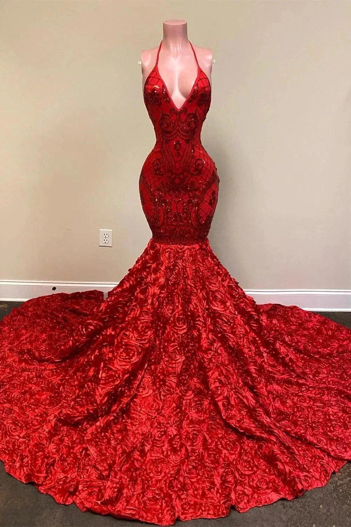Sexy Deep V Neck Open Back Red Halter Spaghetti Straps Sequin Mermaid Prom Dress by BIZTUNNEL