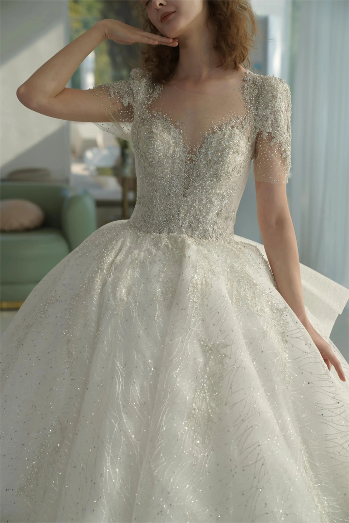 Luminous Ball Gown Illusion Neck Tulle Wedding Dress with Crystal Beaded Embroidery &amp; Bow Back Train Q-6023 by ZAPDRESS