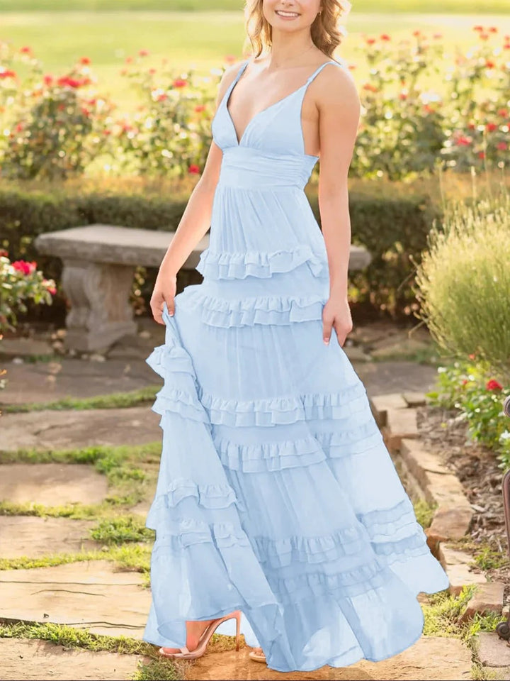 Decebal | A Line Pink Chiffon Tiered Ruffles Long Prom Dress by KissProm