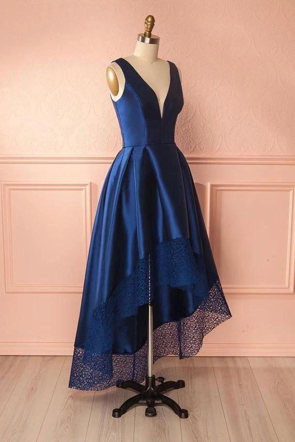 Deep Blue V Neck High Low Lace Satin Prom Dresses Bridesmaid Dresses PG384 by pgmdress