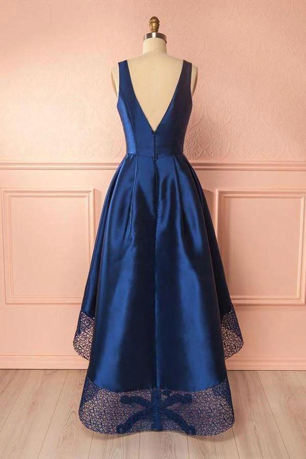 Deep Blue V Neck High Low Lace Satin Prom Dresses Bridesmaid Dresses PG384 by pgmdress