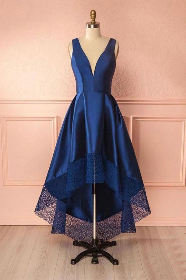 Deep Blue V Neck High Low Lace Satin Prom Dresses Bridesmaid Dresses PG384 by pgmdress