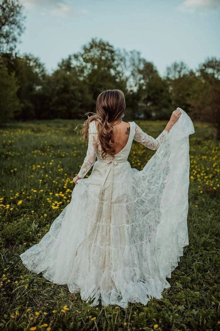 Deep V Neck Boho Wedding Dress Long Sleeve Rustic Wedding Dress WD373 by pgmdress