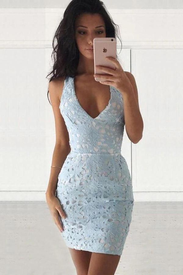 Deep V-Neck Sleevelss Short Light Blue Lace Homecoming Dress PD294 by pgmdress