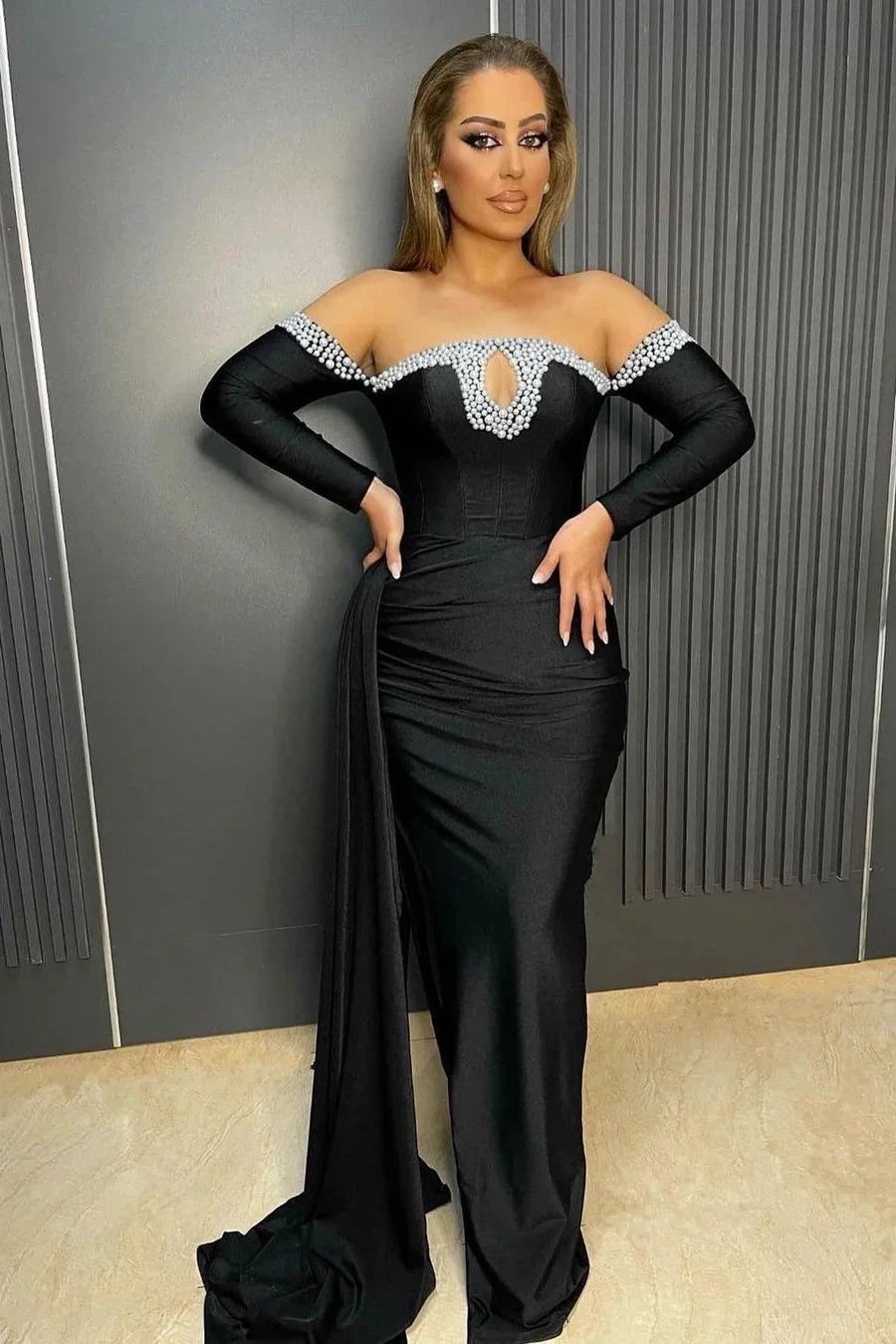 Deluxe Black Floor Length Long Sleeves Mermaid Satin Prom Dress with beads by misshow.com